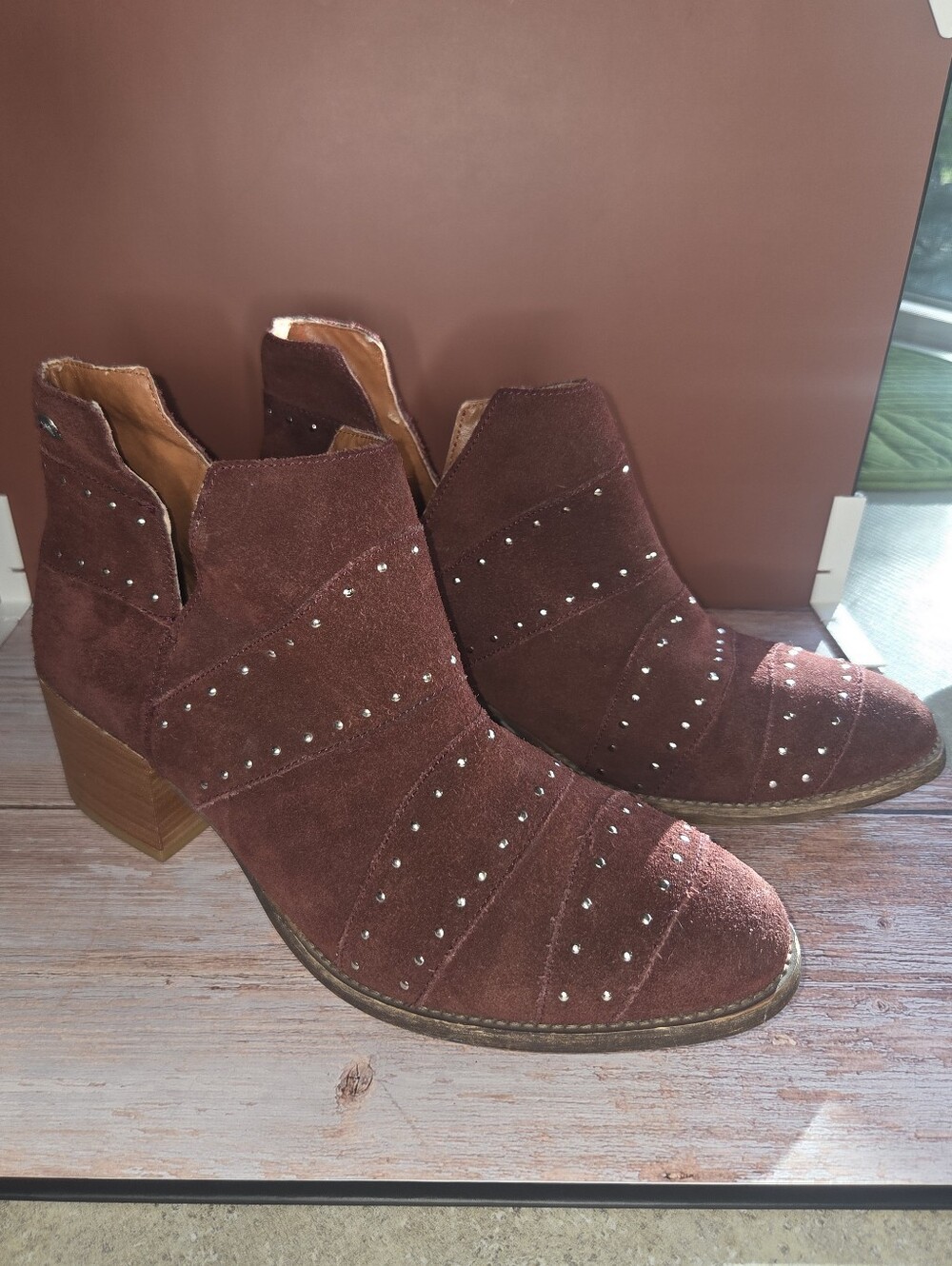 Premium Leather Roxy Burgundy Ankle Boots with Jeweled Studs